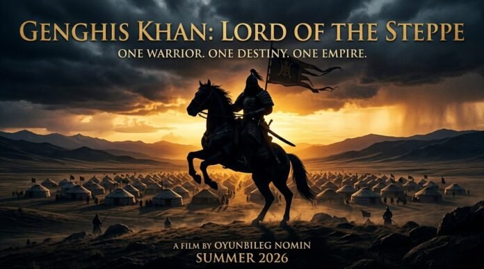 Genghis Khan on horseback against a vast Mongolian landscape