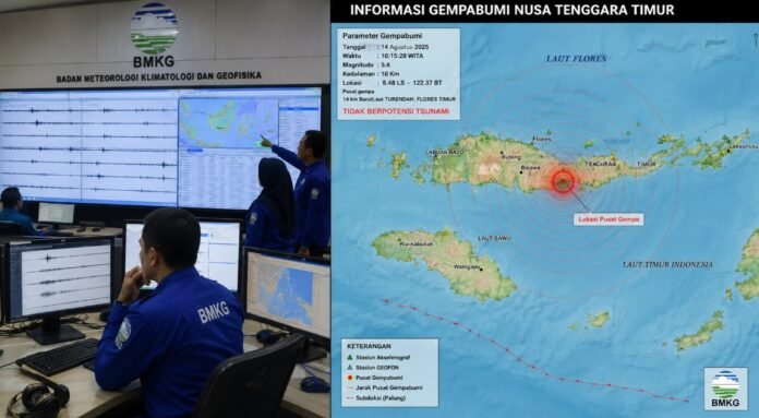 Illustration - a BMKG monitoring room with seismographs displaying earthquake data on large screens