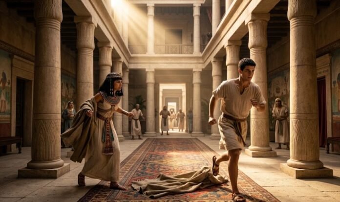 Illustration - Joseph fleeing through a grand Egyptian corridor as Potiphar’s wife grips his abandoned outer garment