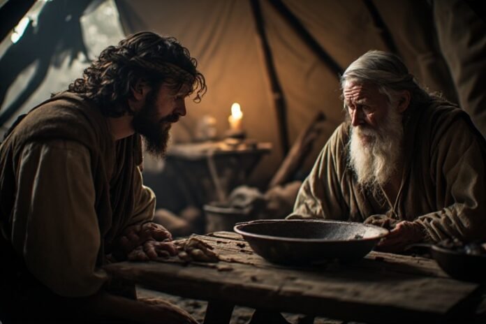 Ilustration - Esau kneeling before elderly Isaac in anguish after discovering that Jacob received the blessing