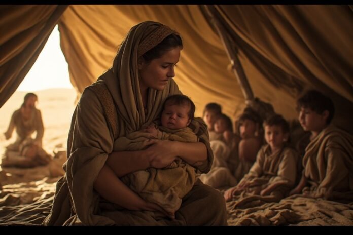 Ilustration - Rachel holding newborn Joseph inside a desert tent