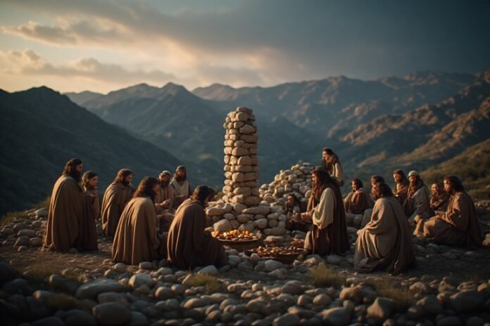 Illustration - Jacob and Laban standing beside a stone pillar and heap of rocks in the mountains of Gilead