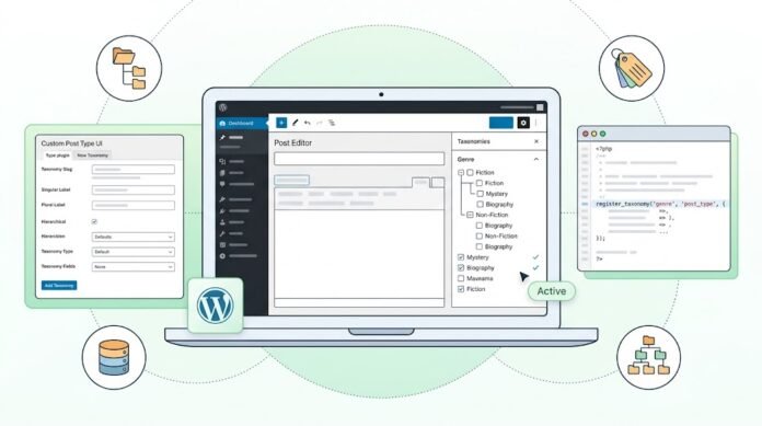 0156fcc6-4f28-4b69-b638-c4d759e2 Ilustrasi taxonomy kustom WordPress dengan CPT UI, register_taxonomy, hierarki, dan integrasi dengan Custom Post Type