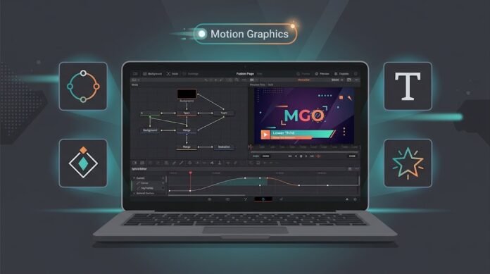 0161980a-5fec-44bc-9536-a5835664 Ilustrasi pembuatan motion graphics di DaVinci Resolve Fusion dengan node tree, keyframe, lower thirds, dan Spline Editor