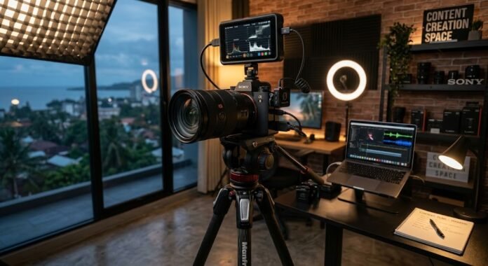 02ba7d31-c201-4516-866e-5ed4ae4e Kamera mirrorless profesional dengan setup tripod, alat utama content creator untuk foto dan video berkualitas di 2026