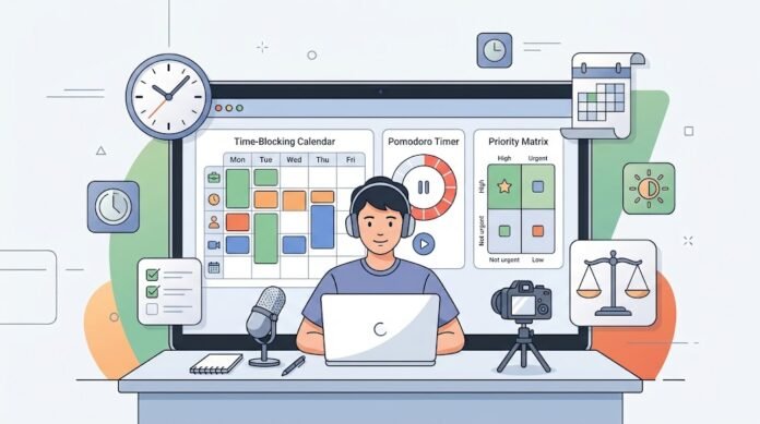 031c7970-8f4e-4000-a976-18631664 Ilustrasi alur kerja harian freelancer dengan time blocking, Pomodoro, prioritas, dan work-life balance