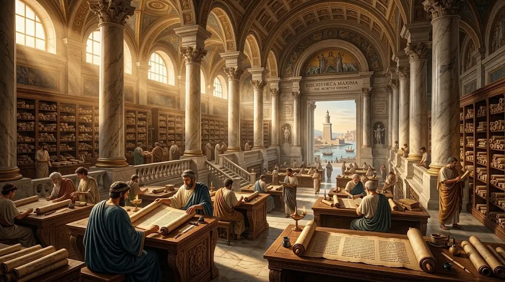 illustration of the ancient Library of Alexandria in its golden age