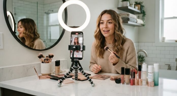 0c36afee-f729-42d1-a498-7d18093c Kreator konten filming video GRWM di depan cermin, format yang menjadi standar baru berbagi beauty routine di media sosial 2026