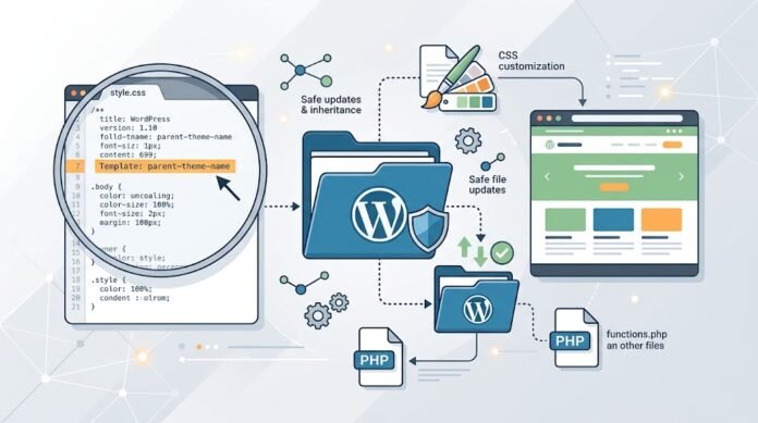 0de1cfa5-45e9-4a45-bc89-5da158a7 Ilustrasi konsep child theme WordPress dengan folder parent dan child, editor kode, dan kustomisasi aman