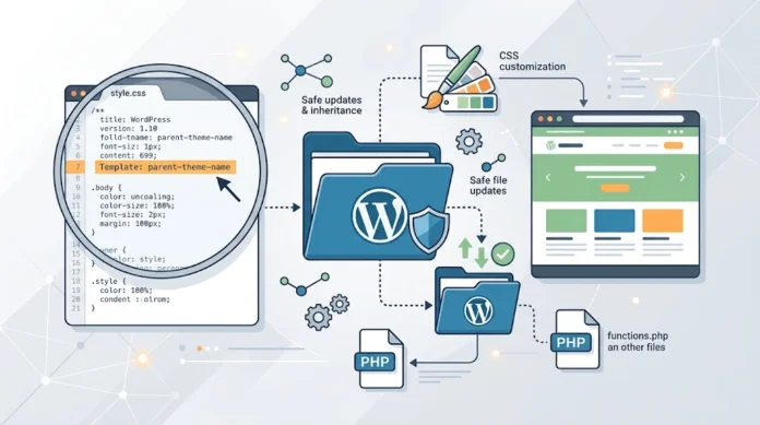 0de1cfa5-45e9-4a45-bc89-5da158a7 Ilustrasi konsep child theme WordPress dengan folder parent dan child, editor kode, dan kustomisasi aman