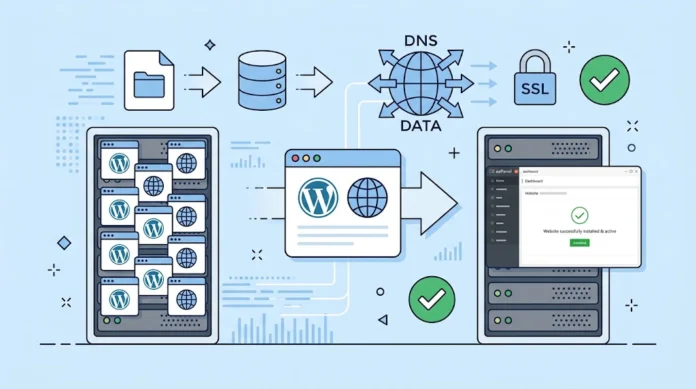 10ba9b7b-15c8-48f9-8c66-b61131c4 Ilustrasi migrasi website dari shared hosting ke VPS dengan backup, transfer database, dan konfigurasi aaPanel