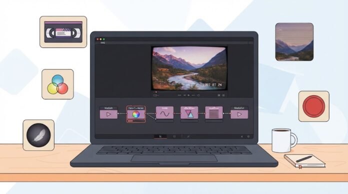 1144a37f-74c0-4705-8ad8-a3986ad4 Ilustrasi efek VHS retro di DaVinci Resolve dengan noise, scanline, chromatic aberration, vignette, dan timestamp
