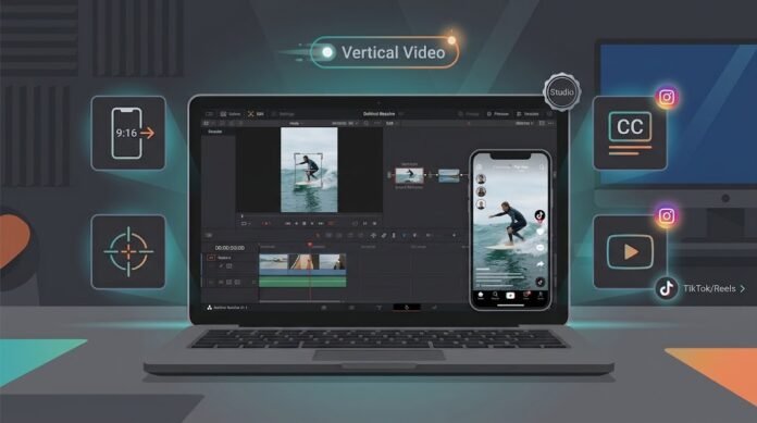 14c99293-fbf7-4aa2-b41e-0ecccde2 Ilustrasi pembuatan vertical video 9:16 di DaVinci Resolve dengan Smart Reframe, subtitle, dan ekspor untuk TikTok, Reels, Shorts