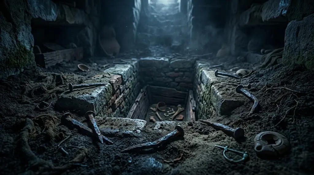illustration of an ancient Roman grave with bent nails scattered around