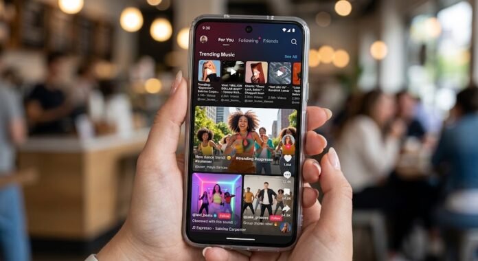 182c55df-2f06-4489-8a5e-8b0e7152 Tampilan aplikasi TikTok dengan antarmuka musik trending, mencerminkan peran platform ini dalam menentukan lagu-lagu viral 2026