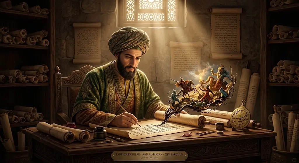 illustration of a medieval Arab historian writing a manuscript