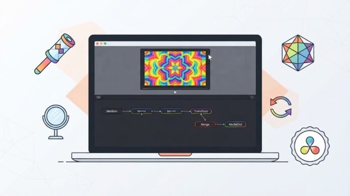 1dd14612-28e8-4d8f-93b2-3f1ca23e Ilustrasi efek kaleidoscope di DaVinci Resolve Fusion dengan mirror, transform, pola simetris, dan animasi rotasi