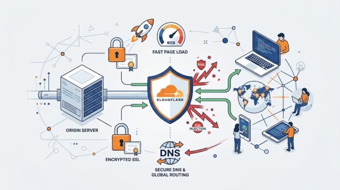 1de4209d-88c6-4ce7-9561-c15790d9 Ilustrasi setup Cloudflare dengan perisai, server, pengguna, CDN, SSL, dan proteksi DDoS untuk website