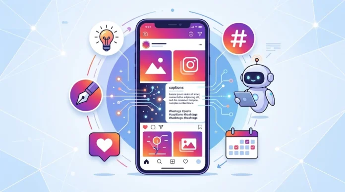 Ilustrasi content creator menggunakan AI untuk membuat konten media sosial, caption, hashtag, dan kalender posting