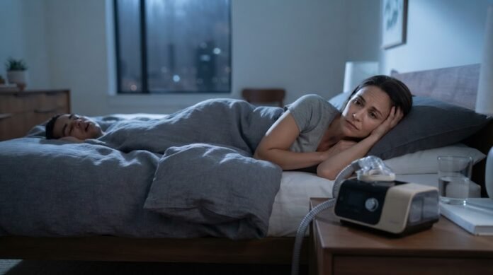 Seseorang tidur telentang dengan mulut sedikit terbuka sementara pasangannya terjaga dan tampak khawatir, menggambarkan gejala sleep apnea yang sering tidak disadari