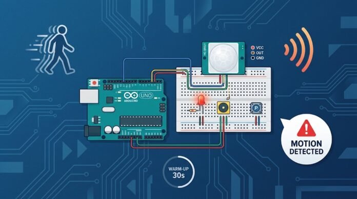21abb705-338a-4421-8556-5769c0ed Ilustrasi sensor PIR dengan Arduino untuk deteksi gerak, LED, buzzer, dan pengaturan sensitivitas