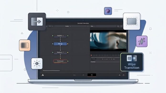 230edb98-0caa-412b-8405-a28d5daa Ilustrasi wipe transition di DaVinci Resolve Fusion dengan rectangle mask, keyframe, soft edge, dan transisi sapuan sinematik