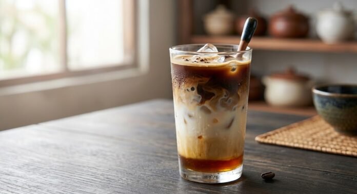 2372b2f9-2a6b-4a74-92ec-b09521e6 Segelas es kopi susu gula aren dengan lapisan warna khas, siap dinikmati sebagai pelepas dahaga