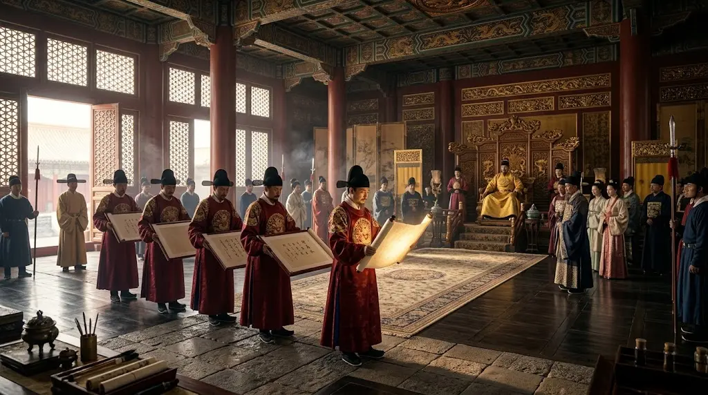 illustration of an ancient Chinese imperial court during the Ming Dynasty, servants carrying delicate paper sheets