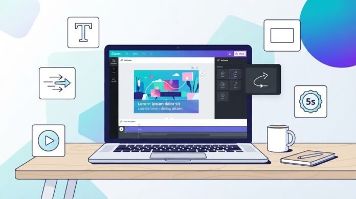 26991afe-86e3-4ec2-9cb1-9556fd34 Ilustrasi pembuatan lower thirds di Canva dengan desain teks, animasi Rise, dan ekspor video untuk overlay
