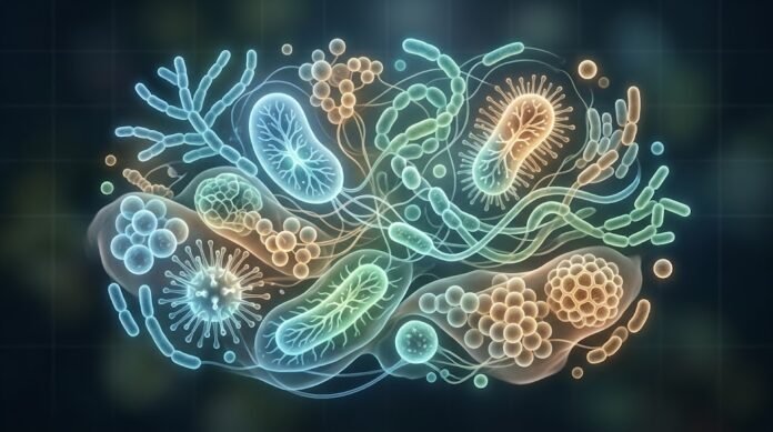 276a639d-ecfd-423c-ba6d-fa28a151 Ilustrasi makro bakteri usus yang beragam dalam komposisi seimbang, menggambarkan ekosistem microbiome yang sehat dan beragam.