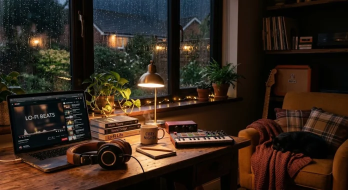 282c1eca-d25f-4cda-9e96-eb709676 Suasana kamar nyaman dengan musik lo-fi yang menenangkan, mencerminkan tren relaksasi dan fokus yang mendominasi pencarian musik 2026