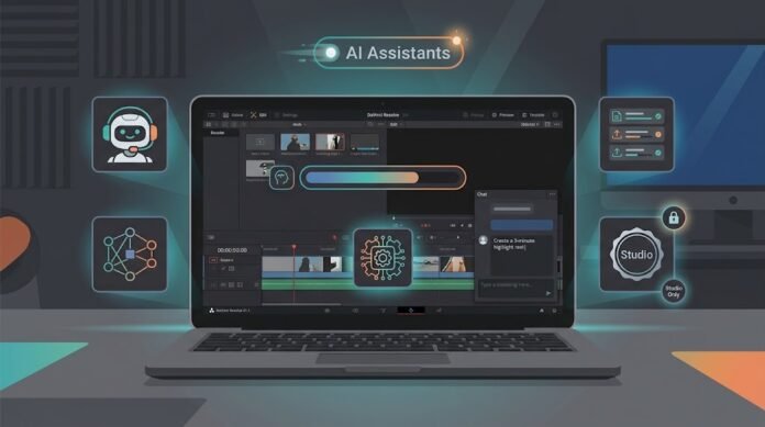 29c7eb19-d0cf-4daf-a84d-d6eb96ca Ilustrasi AI Assistant di DaVinci Resolve 21.1 dengan koneksi MCP, chat Claude/ChatGPT, dan kontrol otomatis timeline