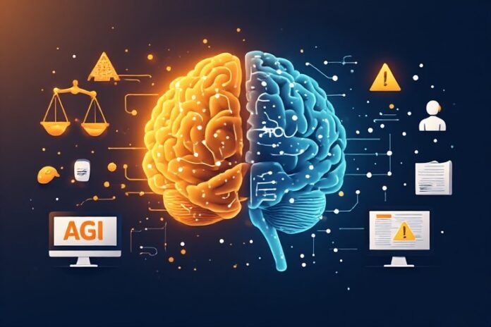 Ilustrasi perdebatan AGI dengan otak sirkuit terbelah, timbangan, peringatan, dan dua sudut pandang optimis dan waspada Ilustrasi perdebatan AGI dengan otak sirkuit terbelah, timbangan, peringatan, dan dua sudut pandang optimis dan waspada