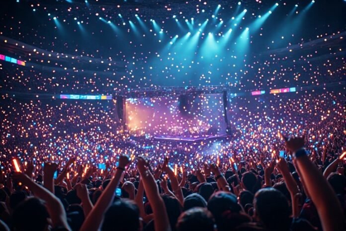 Konser K-Pop dengan ribuan lightstick yang menyala, mencerminkan antusiasme penggemar K-Pop di Indonesia pada 2026 Konser K-Pop dengan ribuan lightstick yang menyala, mencerminkan antusiasme penggemar K-Pop di Indonesia pada 2026