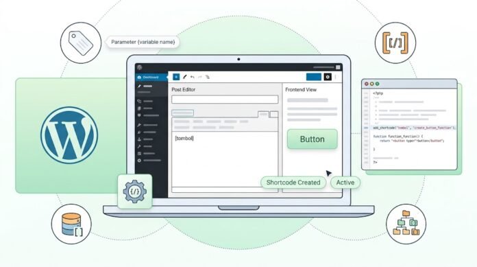 2a34ec7e-2e07-464c-a1ca-eba09bf0 Ilustrasi pembuatan shortcode kustom WordPress dengan add_shortcode, parameter, konten bersarang, dan tombol CTA