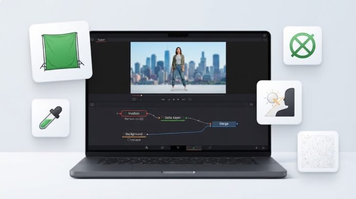 2c37d1f5-e8ff-49d4-897c-4b93f688 Ilustrasi green screen di DaVinci Resolve Fusion dengan Delta Keyer, spill suppression, light wrap, dan komposit background