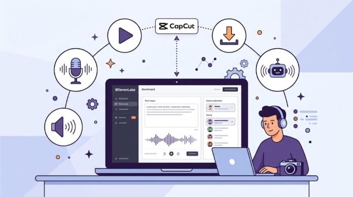 3064ff4c-4eb5-4db6-bae0-19ceec5f Ilustrasi content creator menggunakan ElevenLabs untuk voice-over AI, dengan text-to-speech, kloning suara, dan integrasi CapCut