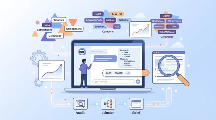Ilustrasi riset kata kunci dengan AI, clustering berdasarkan intent, analisis kompetitor, dan pipeline keyword research
