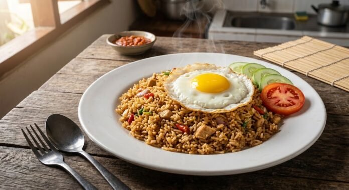 3819fec9-d87c-4ce2-a084-a7c0b2f0 Nasi goreng kampung sederhana dengan telur ceplok dan lalapan, siap jadi menu praktis sehari-hari.