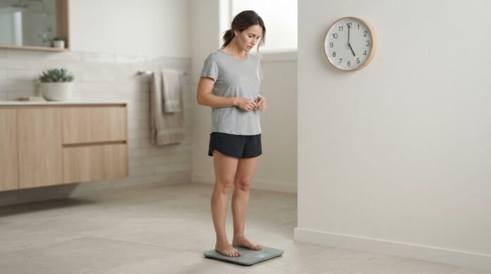 Seseorang berdiri di atas timbangan pada pagi hari dengan ekspresi termenung, menggambarkan kaitan antara kurang tidur dan kenaikan berat badan