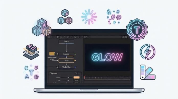 39e68c2e-564b-41f0-a59a-f5024b52 Ilustrasi efek glow text di DaVinci Resolve Fusion dengan Text+, Glow, inner glow, dan animasi teks menyala
