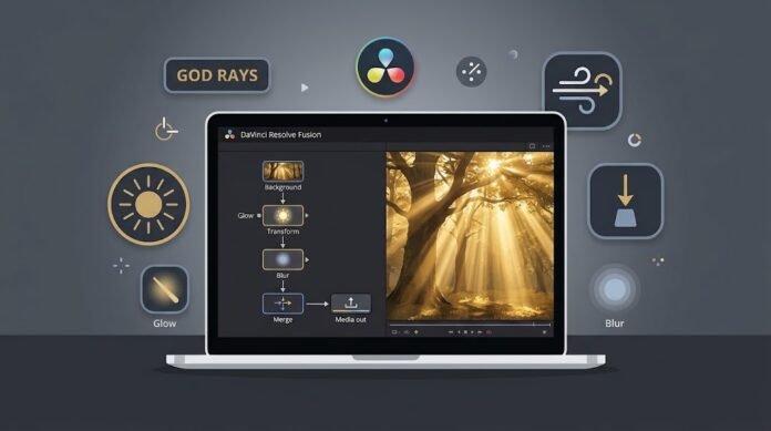 3a724884-b8ad-4414-8db4-e7328dc3 Ilustrasi efek light rays di DaVinci Resolve Fusion dengan sumber cahaya, glow, blur, dan sinar matahari sinematik