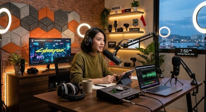 3be37456-c36d-4a7e-a791-bf3c686f Setup podcast profesional dengan microphone dan audio interface, equipment penting untuk content creator yang serius dengan kualitas audio di 2026.