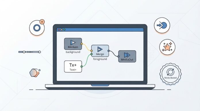3c811e85-27eb-41a5-b157-75deb611 Ilustrasi Fusion Node Editor di DaVinci Resolve dengan node tree, Merge, Text+, dan MediaOut untuk compositing