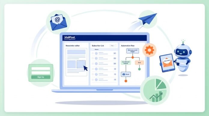 3d63821e-3e6d-4956-b10f-281f227a Ilustrasi setup email marketing dengan MailPoet, newsletter, daftar subscriber, form pendaftaran, dan automasi email