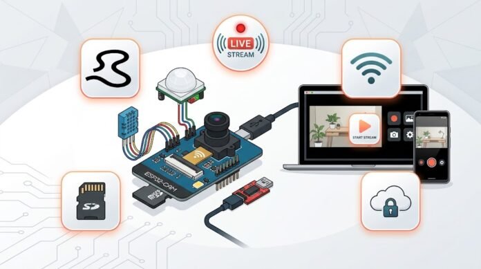 3f08549b-3010-4d2b-aac0-2049f02c Ilustrasi ESP32-CAM untuk monitoring dengan kamera OV2640, FTDI adapter, streaming video, dan privasi lokal