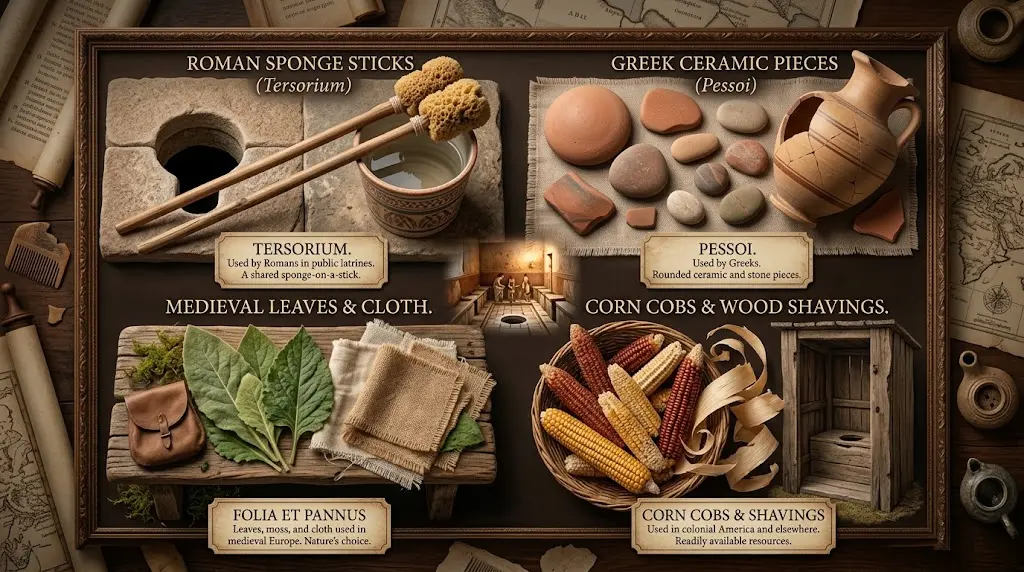 Roman sponge sticks, Greek ceramic pieces, medieval leaves, and corn cobs