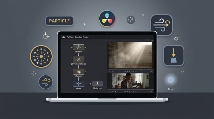 410df437-4483-4bd9-a882-96858f34 Ilustrasi efek particle di DaVinci Resolve Fusion dengan pEmitter, pRender, gaya gravitasi, dan debu sinematik