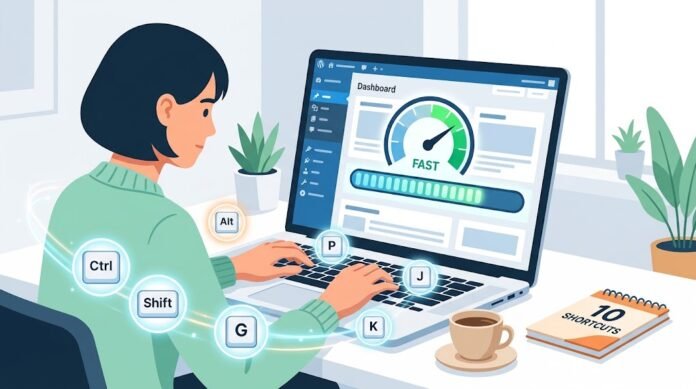 41835375-0dfd-428b-971c-b6d2e023 Ilustrasi bekerja cepat di dashboard WordPress dengan shortcut keyboard untuk produktivitas dan efisiensi