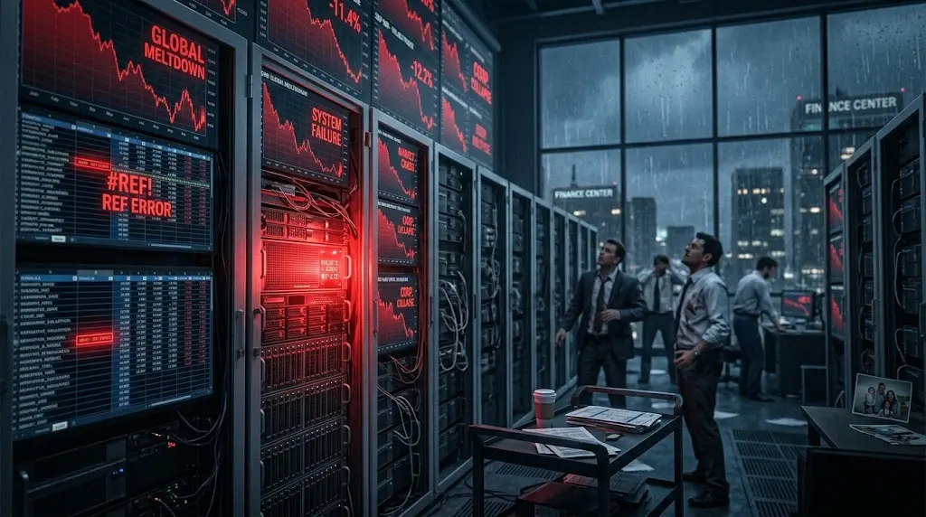 Intense illustration of a data center with rows of servers, one server flashing red and glowing